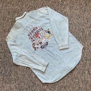 Vintage Looney Tunes Merrie Melodies Denim Shirt Light Wash Large Bugs Bunny Taz